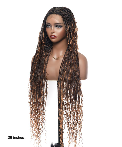 Triangle Base Full Lace Tangleless Human Hair Boho Curls Knotless Boho Box Braided Wig 36"