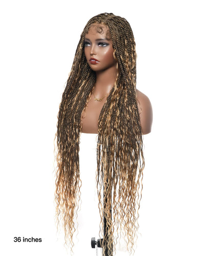 High density Square Base HD Lace Lightweight 100 Strands Tangleless 36" Knotless Boho Small Box Braided Wig - Human Baby Hair