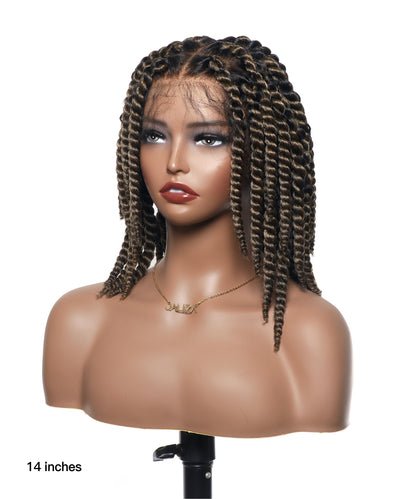 14" Jumbo Twist Pre Bleached Human Hair Lace Base HD Full Lace Braided Wig