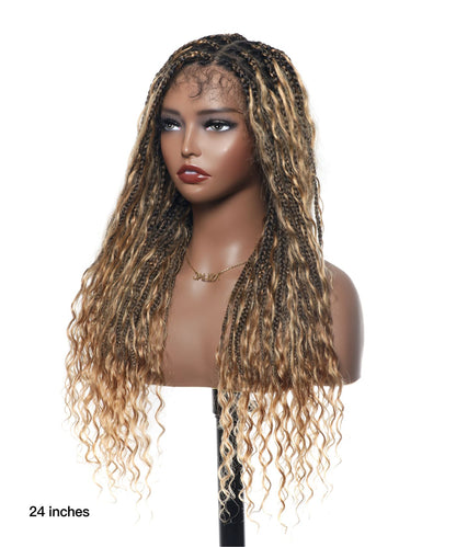 24" HD Lace Lightweight Tangleless Human Hair curls Full Hand Tied Boho Box Braided Wig