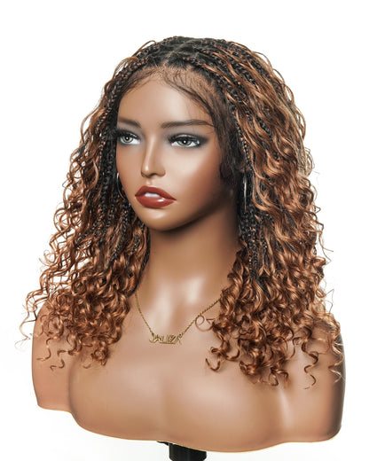 16" Human Hair Curls Short Boho Box Braided Wig Glueless HD Full Lace 100 Strands