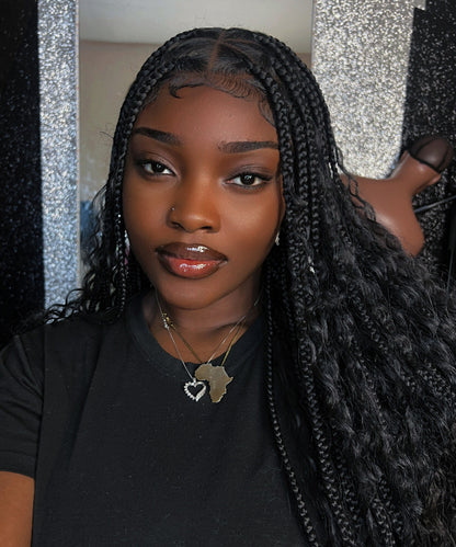 Fancivivi 36" Boho Medium Triangle Box Braids with Curls Water Wave Full Lace Braided Wig