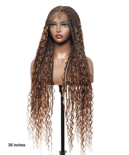 Triangle Base Full Lace Tangleless Human Hair Boho Curls Knotless Boho Box Braided Wig 36"