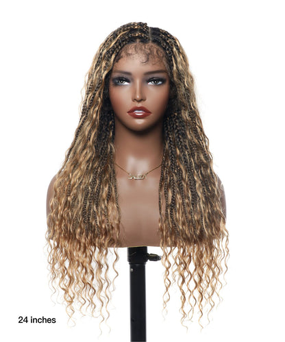 24" HD Lace Lightweight Tangleless Human Hair curls Full Hand Tied Boho Box Braided Wig