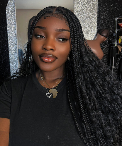 Fancivivi 36" Boho Medium Triangle Box Braids with Curls Water Wave Full Lace Braided Wig