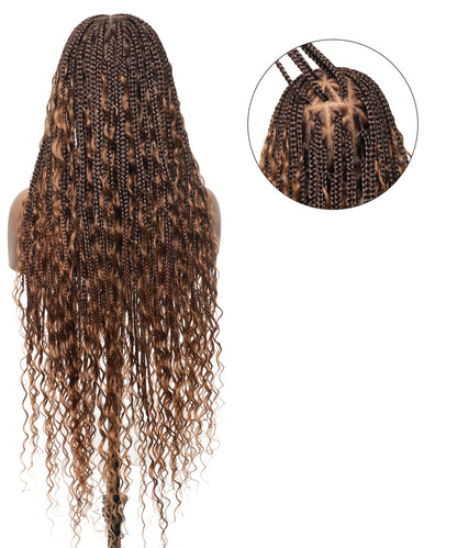 Triangle Base Full Lace Tangleless Human Hair Boho Curls Knotless Boho Box Braided Wig 36"