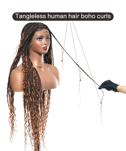 Triangle Base Full Lace Tangleless Human Hair Boho Curls Knotless Boho Box Braided Wig 36"