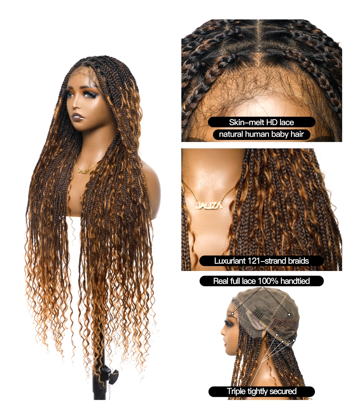 Super High Density Tangleless 36" HD Lace Knotless Boho Small Box Braided Wig 121 Strands  - Human Baby Hair