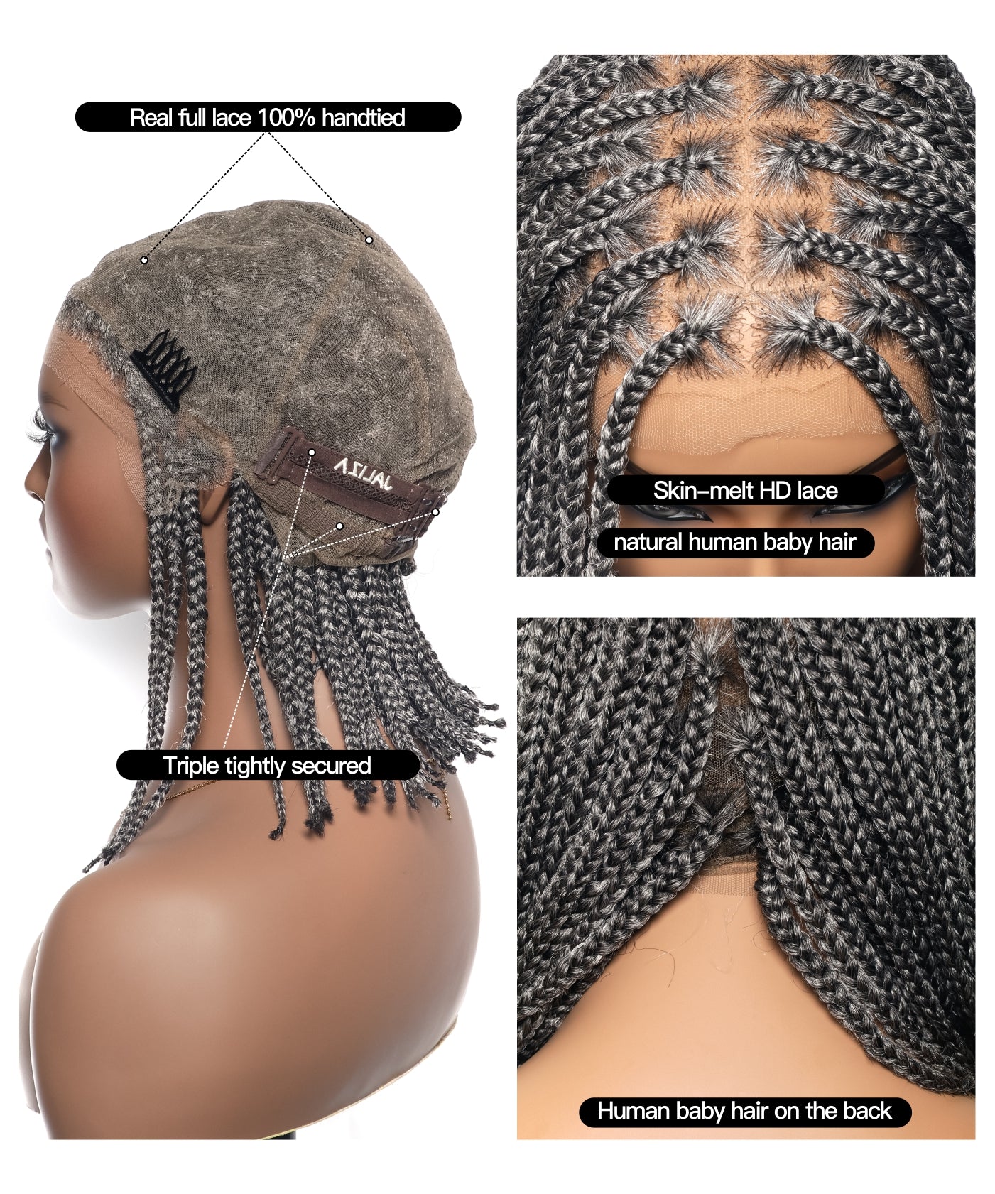 Salt and Pepper 12" HD Lace Knotless Box Braided Wig 100 Strands