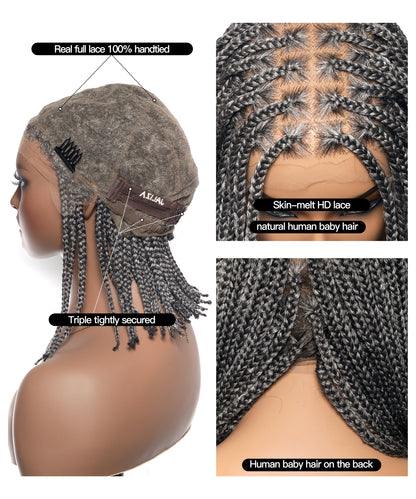 Salt and Pepper 12" HD Lace Knotless Box Braided Wig 100 Strands