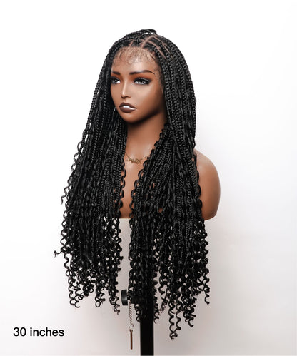 Tape Springy Boho HD Lace 30" Half Hand-tied Small Knotless Box Braided Wig with Kinky Human Baby Hair