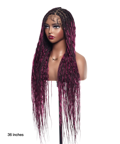 Knotless HD Lace Tangleless Boho Box Braided Wig 36“ Human Hair Boho Curls 88 Strands Burgundy