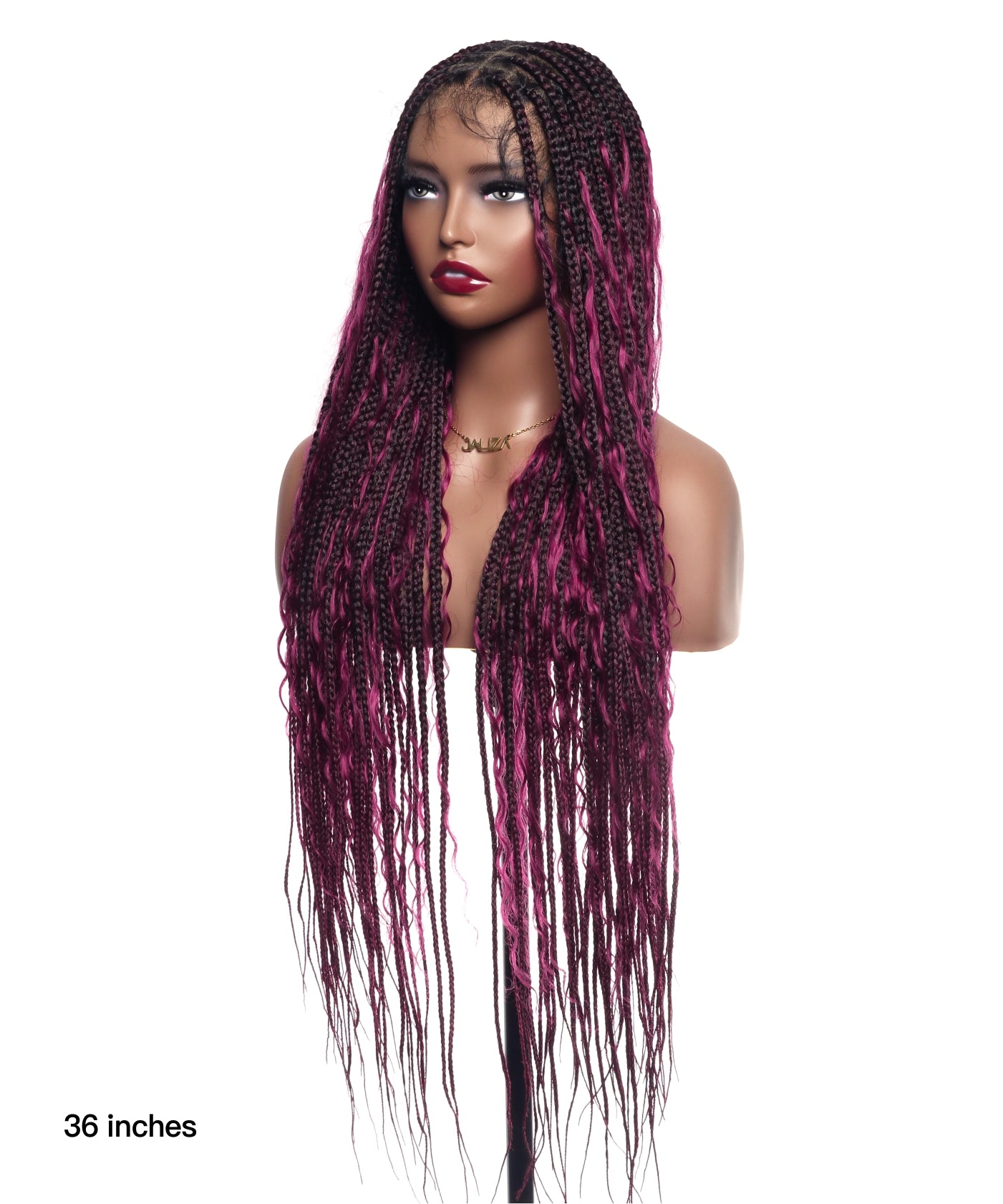 Knotless HD Lace Tangleless Boho Box Braided Wig 36“ Human Hair Boho Curls 88 Strands Burgundy