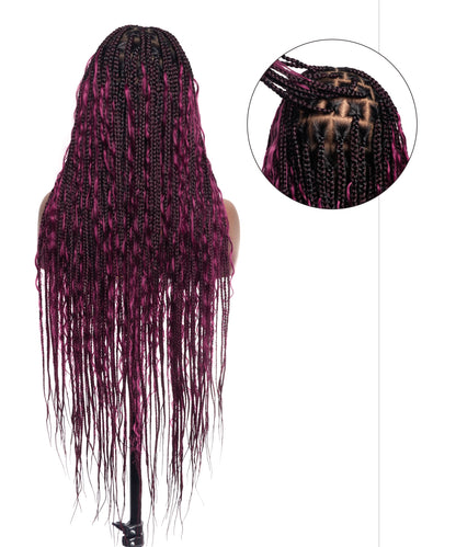 Knotless HD Lace Tangleless Boho Box Braided Wig 36“ Human Hair Boho Curls 88 Strands Burgundy