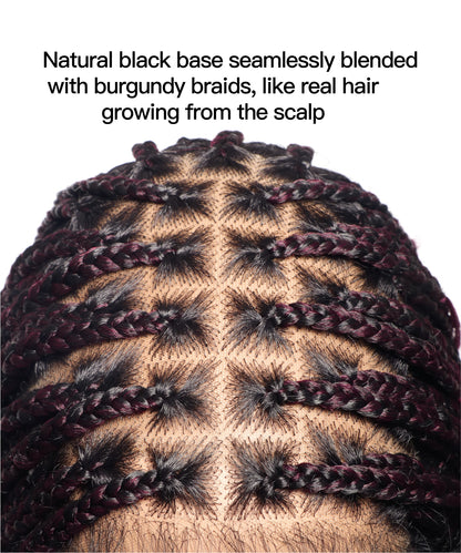 Knotless HD Lace Tangleless Boho Box Braided Wig 36“ Human Hair Boho Curls 88 Strands Burgundy