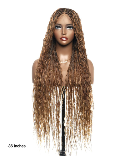 36" Blend Color #30/27 Pre Bleached Human Hair HD Lace Super High Density Tangleless Knotless Boho Box Braided Wig (Made to order, ships in 1-2 weeks)