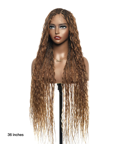 36" Blend Color #30/27 Pre Bleached Human Hair HD Lace Super High Density Tangleless Knotless Boho Box Braided Wig (Made to order, ships in 1-2 weeks)