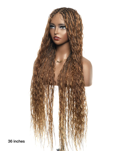 36" Blend Color #30/27 Pre Bleached Human Hair HD Lace Super High Density Tangleless Knotless Boho Box Braided Wig (Made to order, ships in 1-2 weeks)