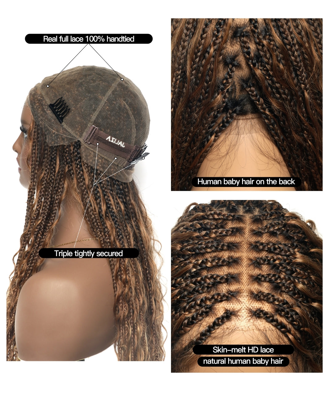 #30/27 Pre Bleached HD Lace Super High Density Tangleless Knotless Boho Box Braided Wig 36" 121 Strands