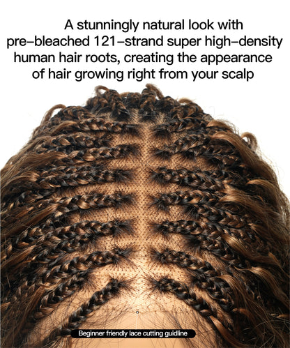 36" Blend Color #30/27 Pre Bleached Human Hair HD Lace Super High Density Tangleless Knotless Boho Box Braided Wig (Made to order, ships in 1-2 weeks)