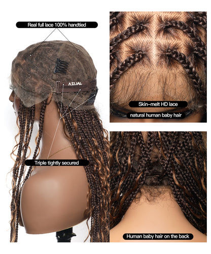 Tangleless Human Hair Boho Curls HD Lace Knotless Box Braided Wig Full Hand-tied - Human Baby Hair