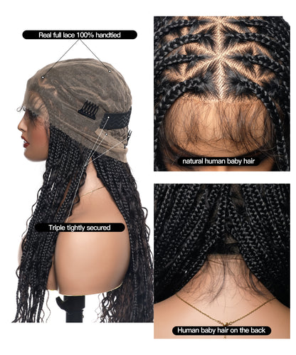 High Density Triangle Base Knotless Human Hair Boho Box Braided Wig 36" 102 Strands