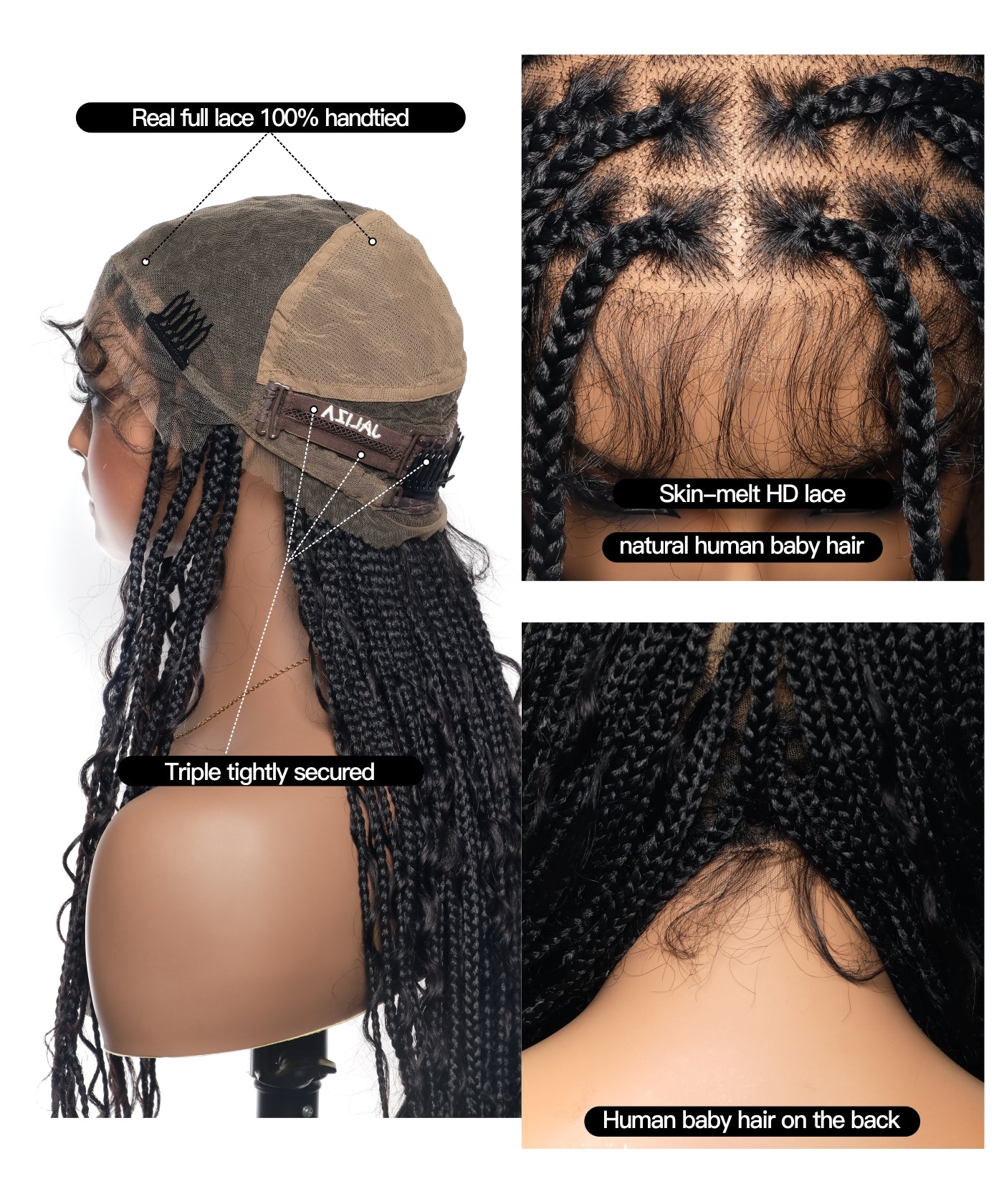 Tangleless Human Hair Boho Curls Knotless Box Braided Wig 32“ HD Lace 100 Strands - Comfort Plus / Inner Splice Stretchable Lace