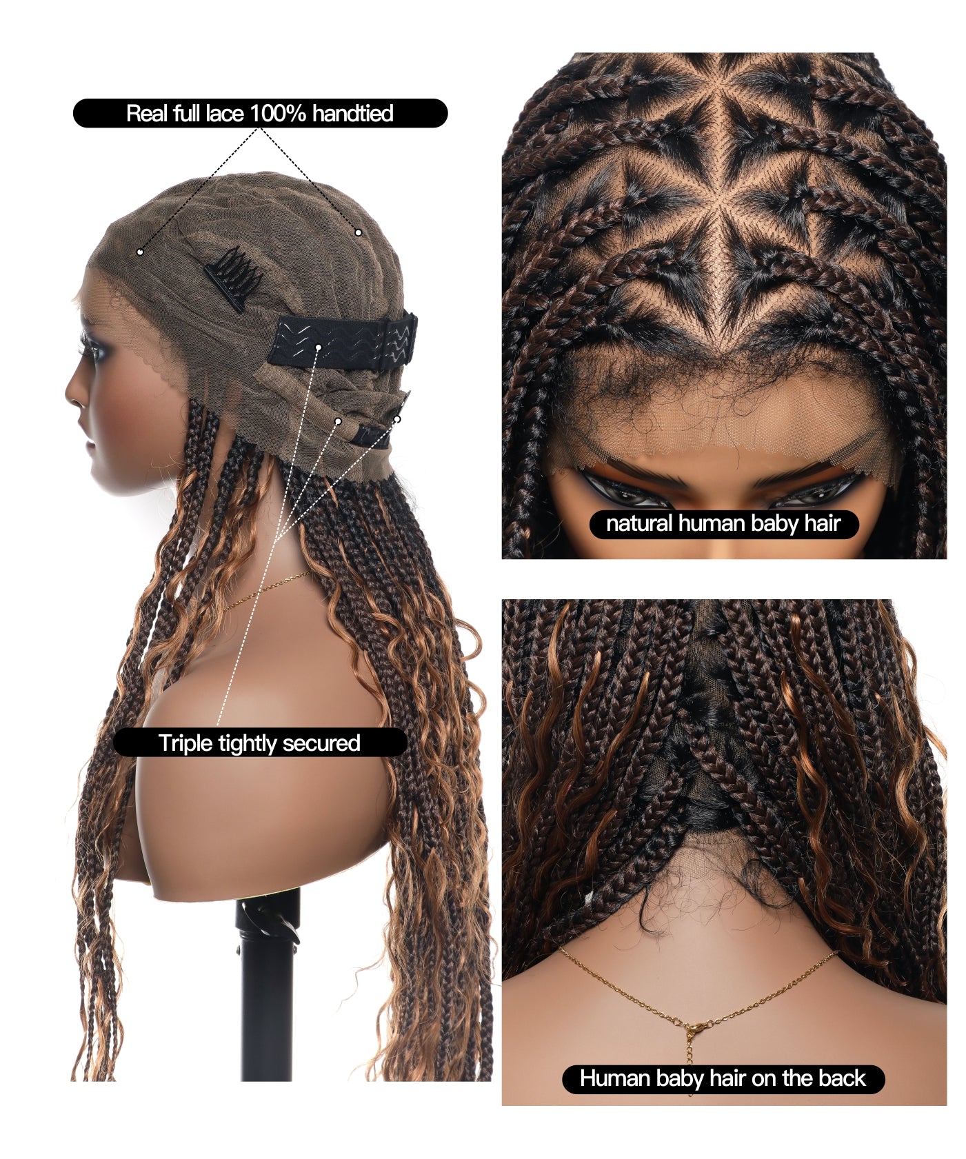 Triangle Base Full Lace Tangleless Human Hair Boho Curls Knotless Boho Box Braided Wig 36"