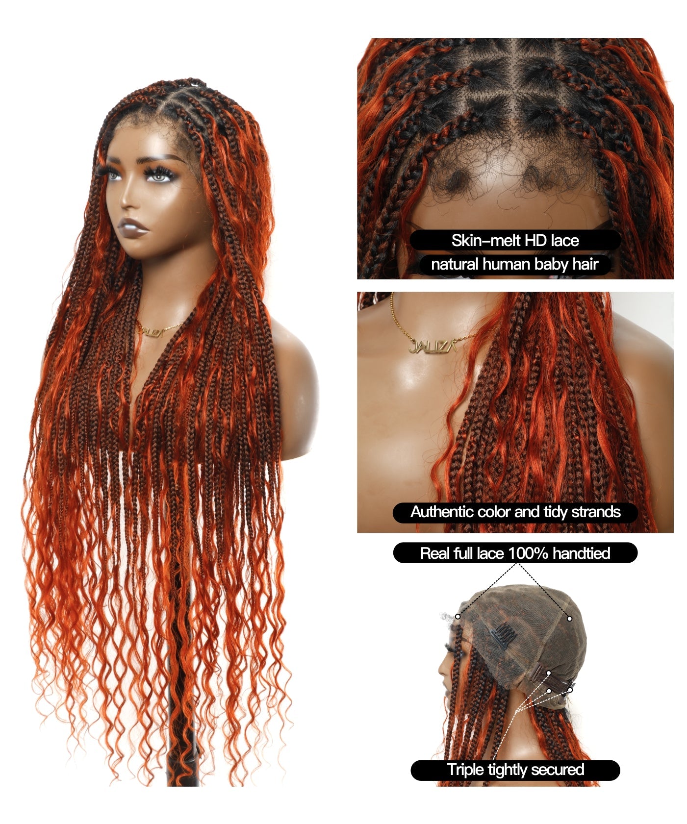 Fire Orange HD Lace Tangleless Boho Box Braided Wig 79 Strands