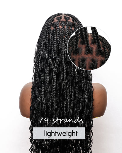 36" Tangleless Human Hair Boho Curls HD Lace Knotless Box Braided Wig Full Lace 79/100/121 Strands