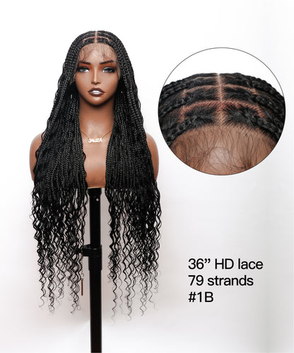 36" Tangleless Human Hair Boho Curls HD Lace Knotless Box Braided Wig Full Lace 79/100/121 Strands