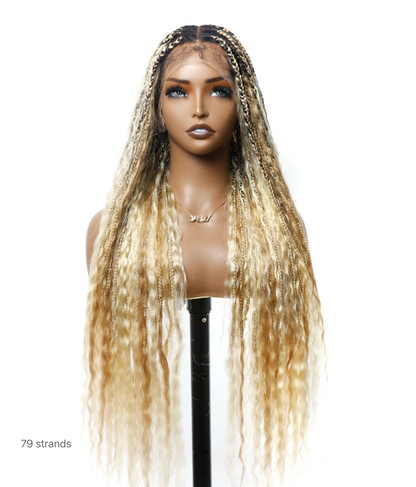 26" & 36" Super 27/613 Pre Bleached Human Hair Lace Knotless Boho Box Braided Wig Wet & Wavy