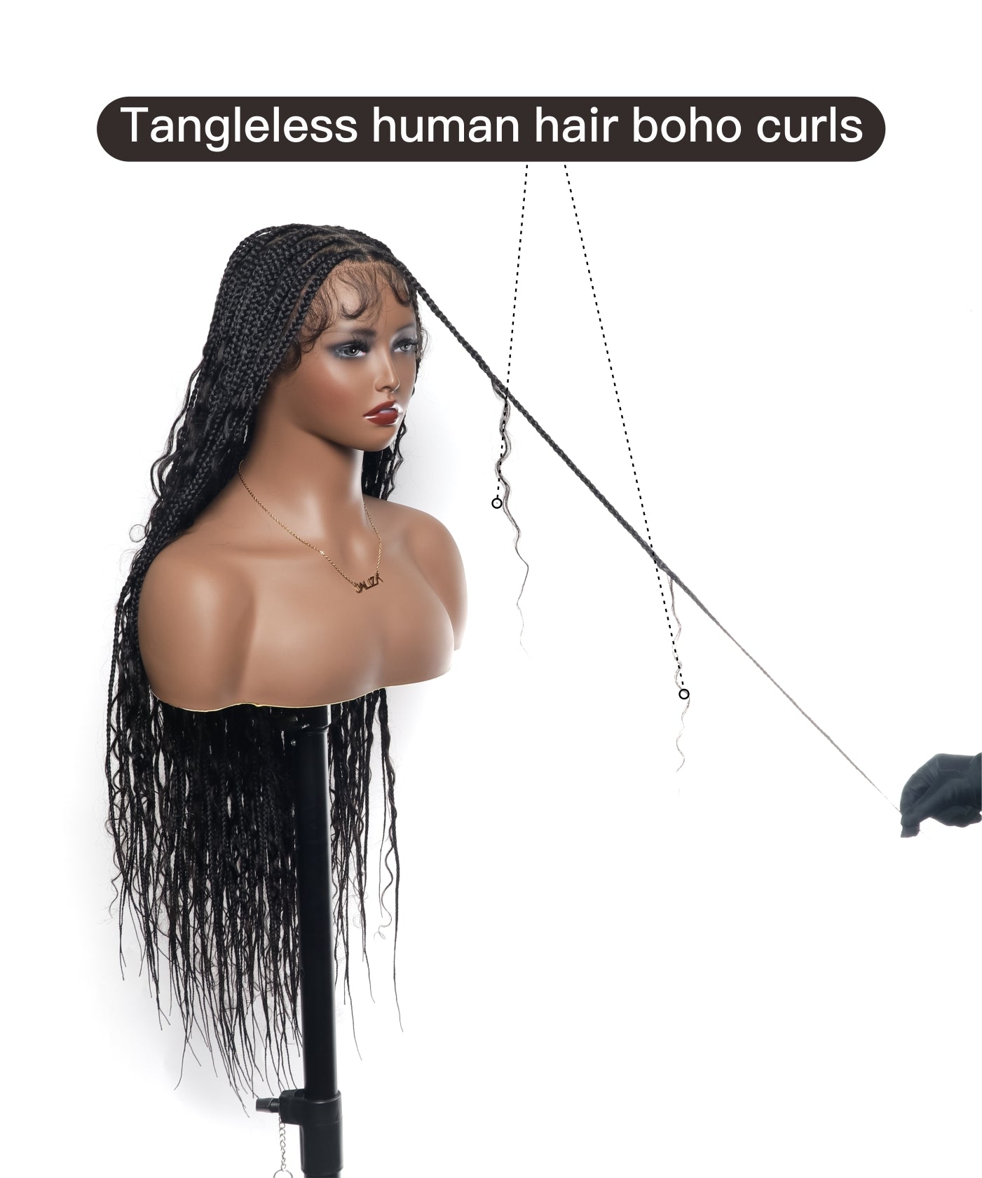 Tangleless Human Hair Boho Curls Knotless Box Braided Wig 32“ HD Lace 100 Strands - Comfort Plus / Inner Splice Stretchable Lace