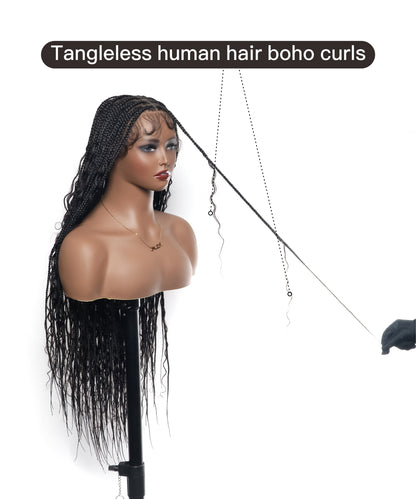 Tangleless Human Hair Boho Curls Knotless Box Braided Wig 32“ HD Lace 100 Strands - Comfort Plus / Inner Splice Stretchable Lace