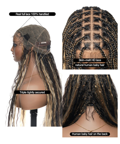 Pre Bleached Human Hair Lace Wet & Wavy Super Style HD Lace Tangleless HD Lace Knotless Boho Box Braided Wig 36" 100 Strands (Made to order, ships in 1-2 weeks)