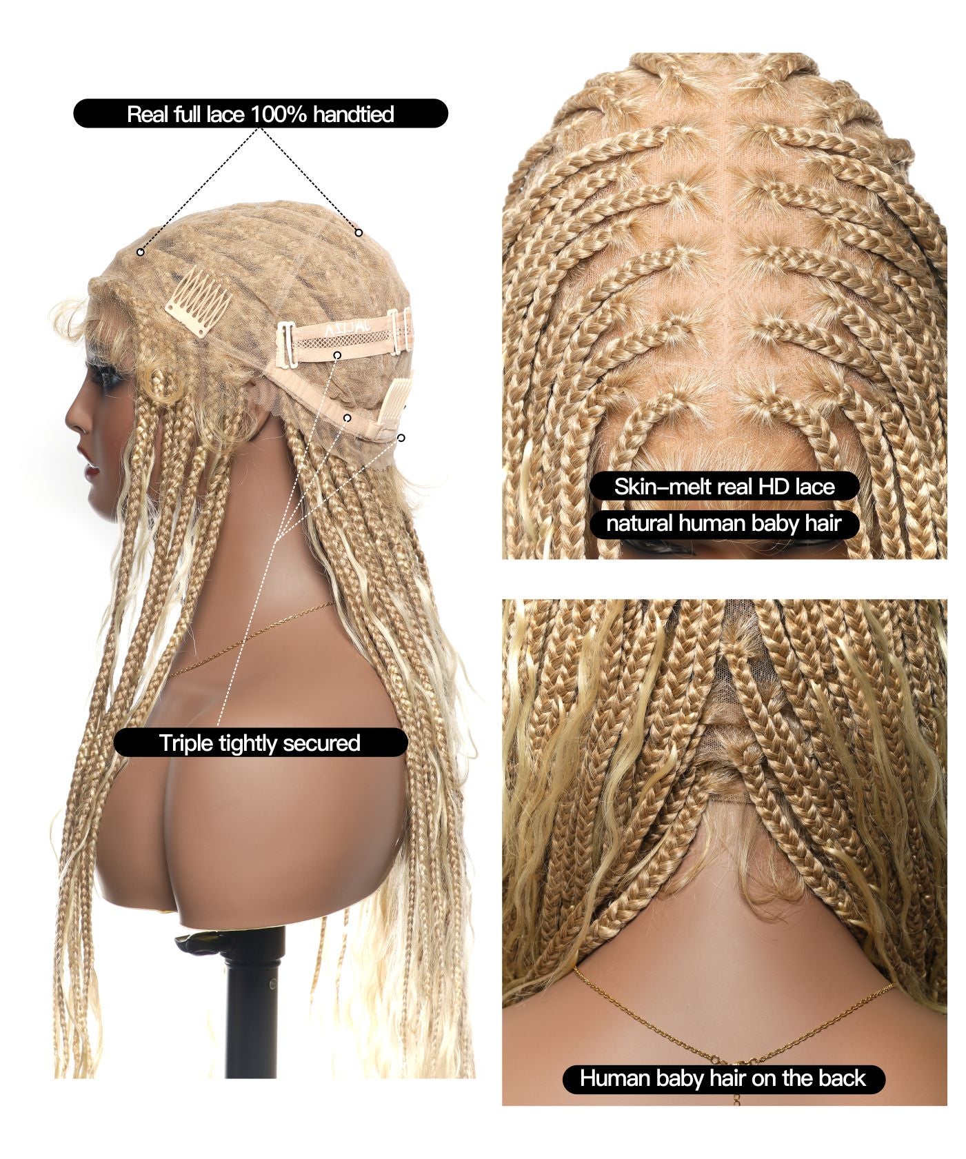 (Pre Bleached Human Hair Lace) High density Square Base HD Lace Lightweight 100 Strands Tangleless 36" Knotless Boho Small Box Braided Wig - Human Baby Hair