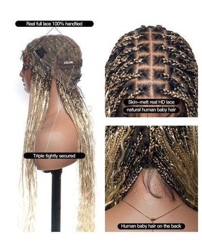 (Pre Bleached Human Hair Lace) High density Square Base HD Lace Lightweight 100 Strands Tangleless 36" Knotless Boho Small Box Braided Wig - Human Baby Hair