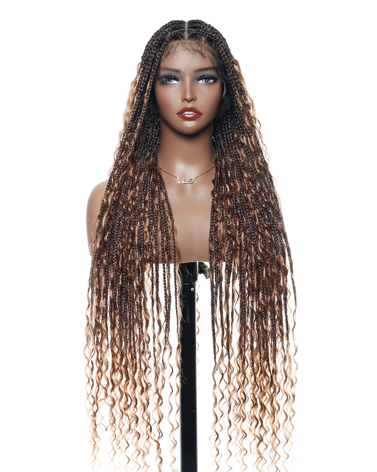 36" Tangleless Human Hair Boho Curls HD Lace Knotless Box Braided Wig Full Lace 79/100/121 Strands