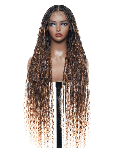 36" Tangleless Human Hair Boho Curls HD Lace Knotless Box Braided Wig Full Lace 79/100/121 Strands