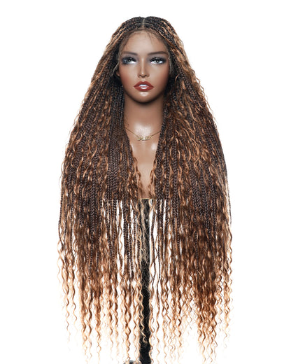 36" Human Hair Boho Curls HD Lace Knotless Box Braided Wig Full Hand-tied - Human Baby Hair