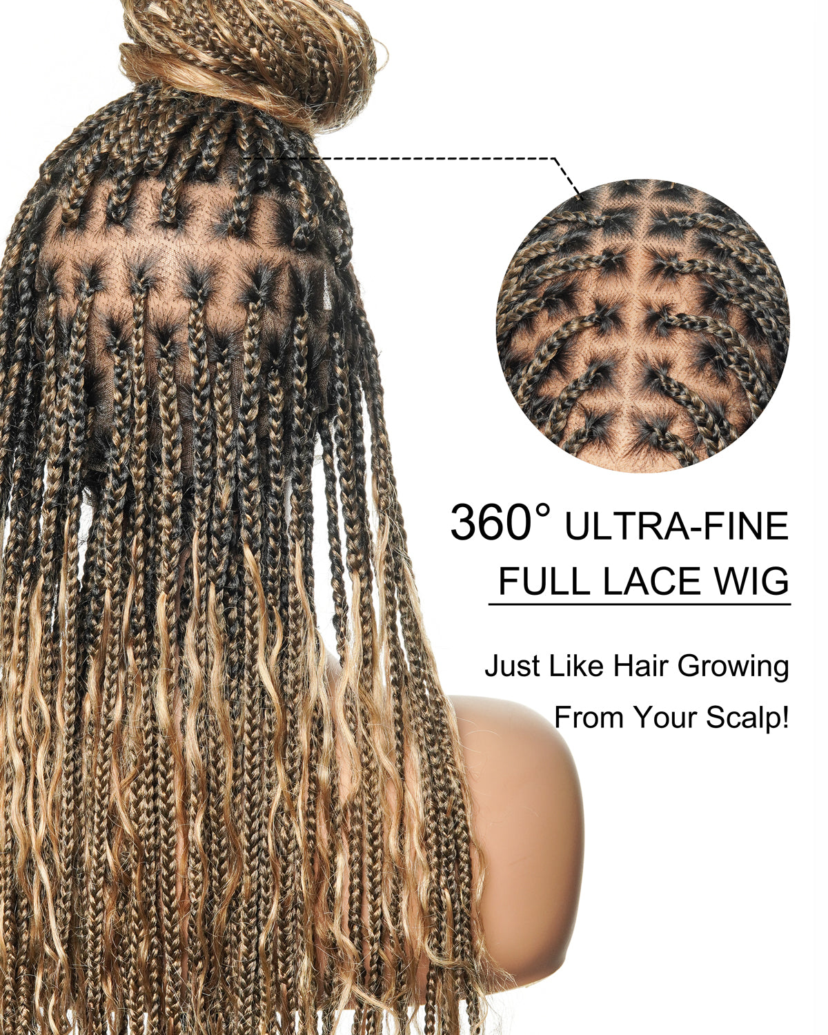 High density Square Base HD Lace Lightweight 100 Strands Tangleless 36" Knotless Boho Small Box Braided Wig - Human Baby Hair