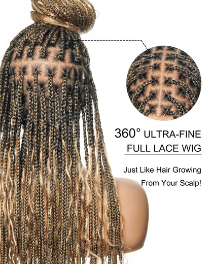 (Pre Bleached Human Hair Lace) High density Square Base HD Lace Lightweight 100 Strands Tangleless 36" Knotless Boho Small Box Braided Wig - Human Baby Hair