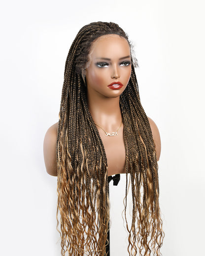 Pre Bleached Box Mix Cornrow Human Hair Boho Curls Tangleless Braided Wig 79 Strands