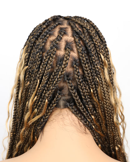 (Pre Bleached Human Hair Lace) High density Square Base HD Lace Lightweight 100 Strands Tangleless 36" Knotless Boho Small Box Braided Wig - Human Baby Hair