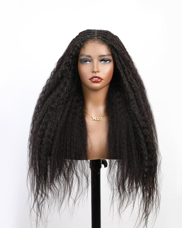 250 Density Human Hair Kinky Straight HD Lace Wavy Box Braided Wig (13*7 Lace frontal 80 Strands Box Braids 28")