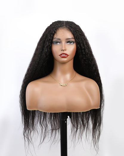 250 Density Human Hair Kinky Straight HD Lace Wavy Box Braided Wig (13*7 Lace frontal 80 Strands Box Braids 28")