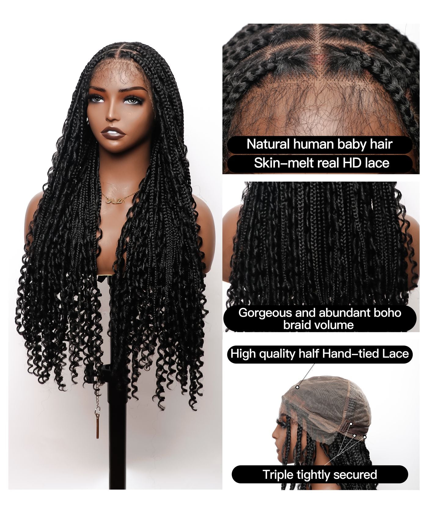 Tape Springy Boho HD Lace 30" Half Hand-tied Small Knotless Box Braided Wig with Kinky Human Baby Hair