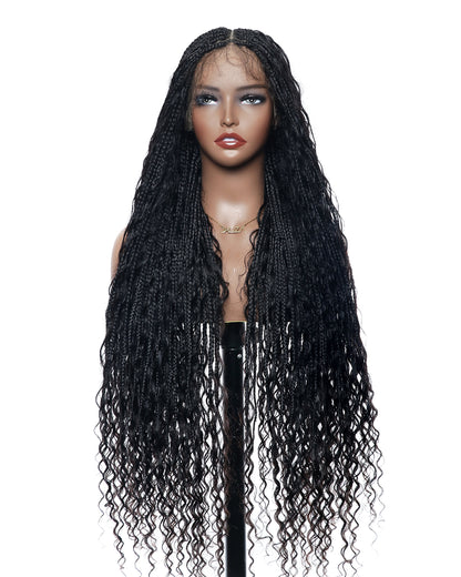 36" Tangleless Human Hair Boho Curls HD Lace Knotless Box Braided Wig Full Lace 79/100/121 Strands