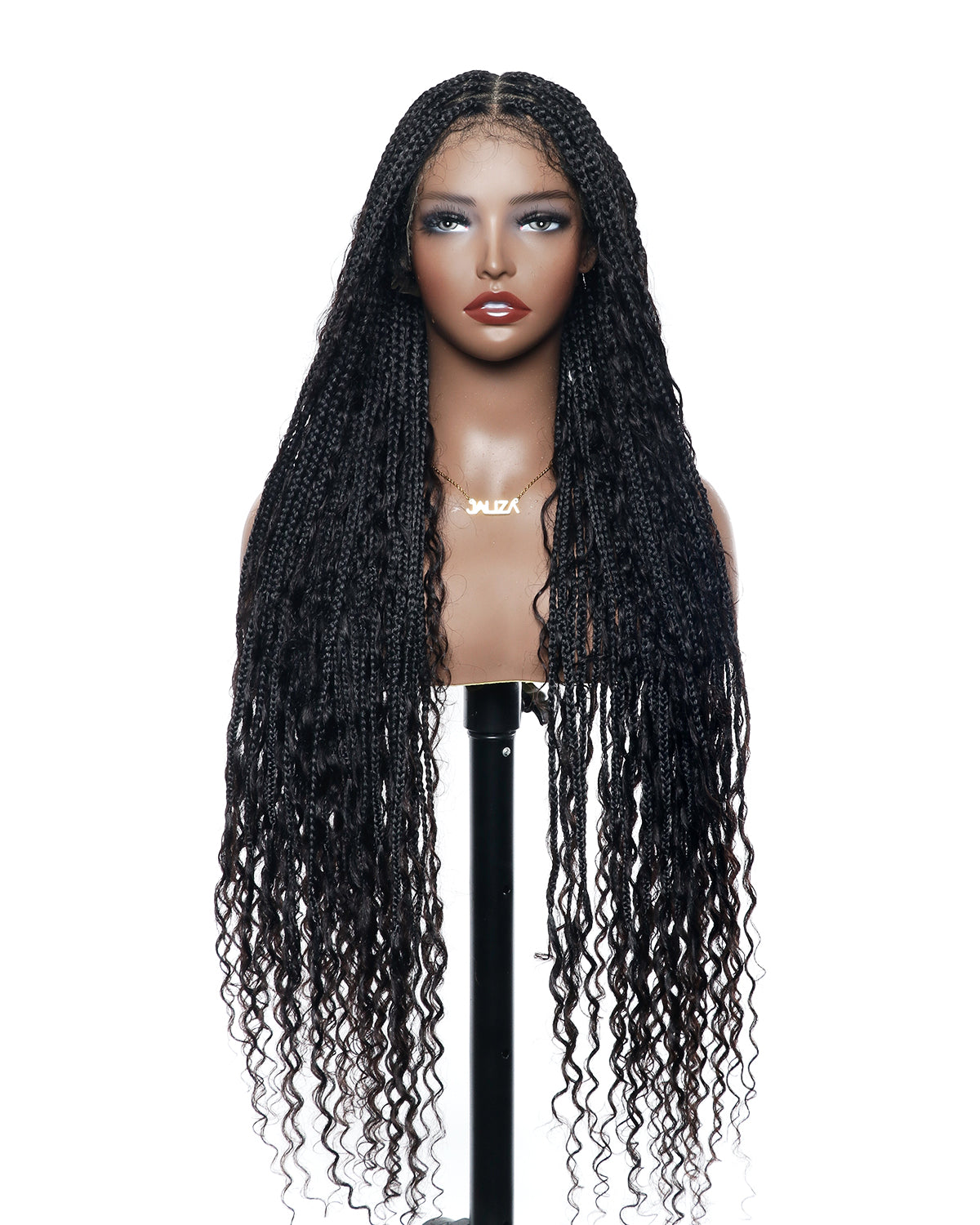 36" Tangleless Human Hair Boho Curls HD Lace Knotless Box Braided Wig Full Lace 79/100/121 Strands