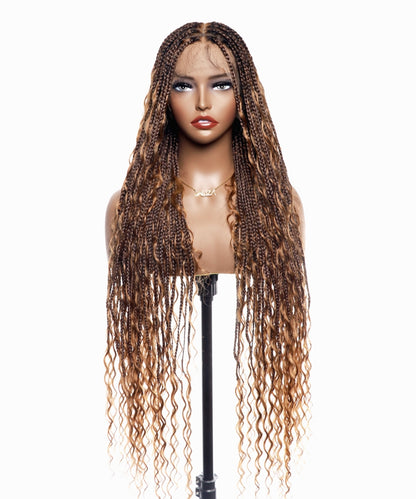 Pre Bleached Human Hair Lace High Density Knotless Boho Box Braided Wig Tangleless Human Hair Boho Curls 100 Strands